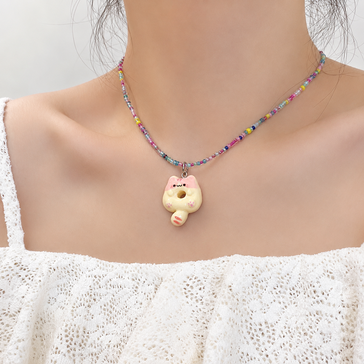 Pastel Kitty Donut Rainbow Beaded Choker | "Our Gift to You" Collection - Image 4